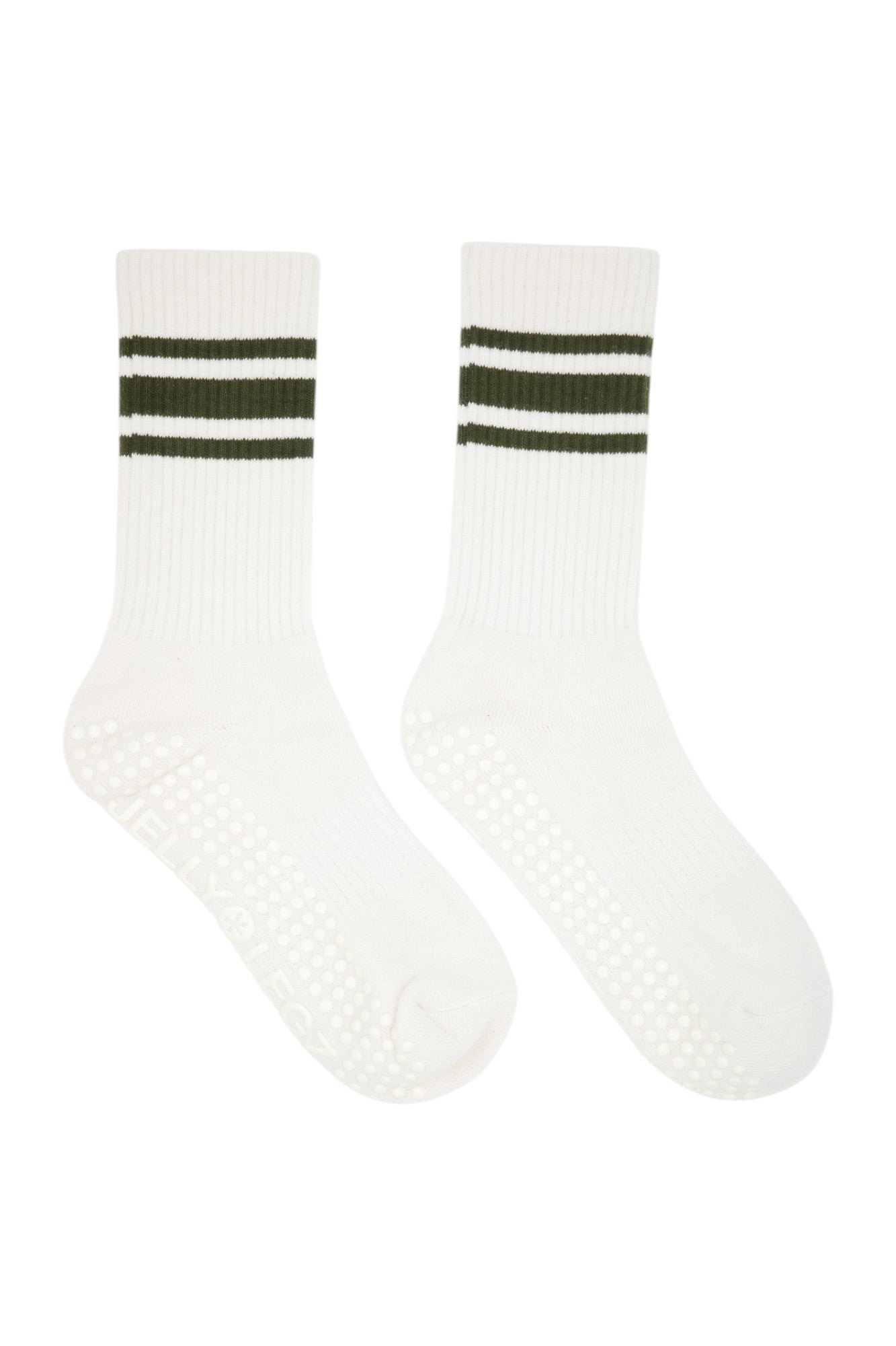 Khaki green 3 stripe luxury crew pilates grip socks