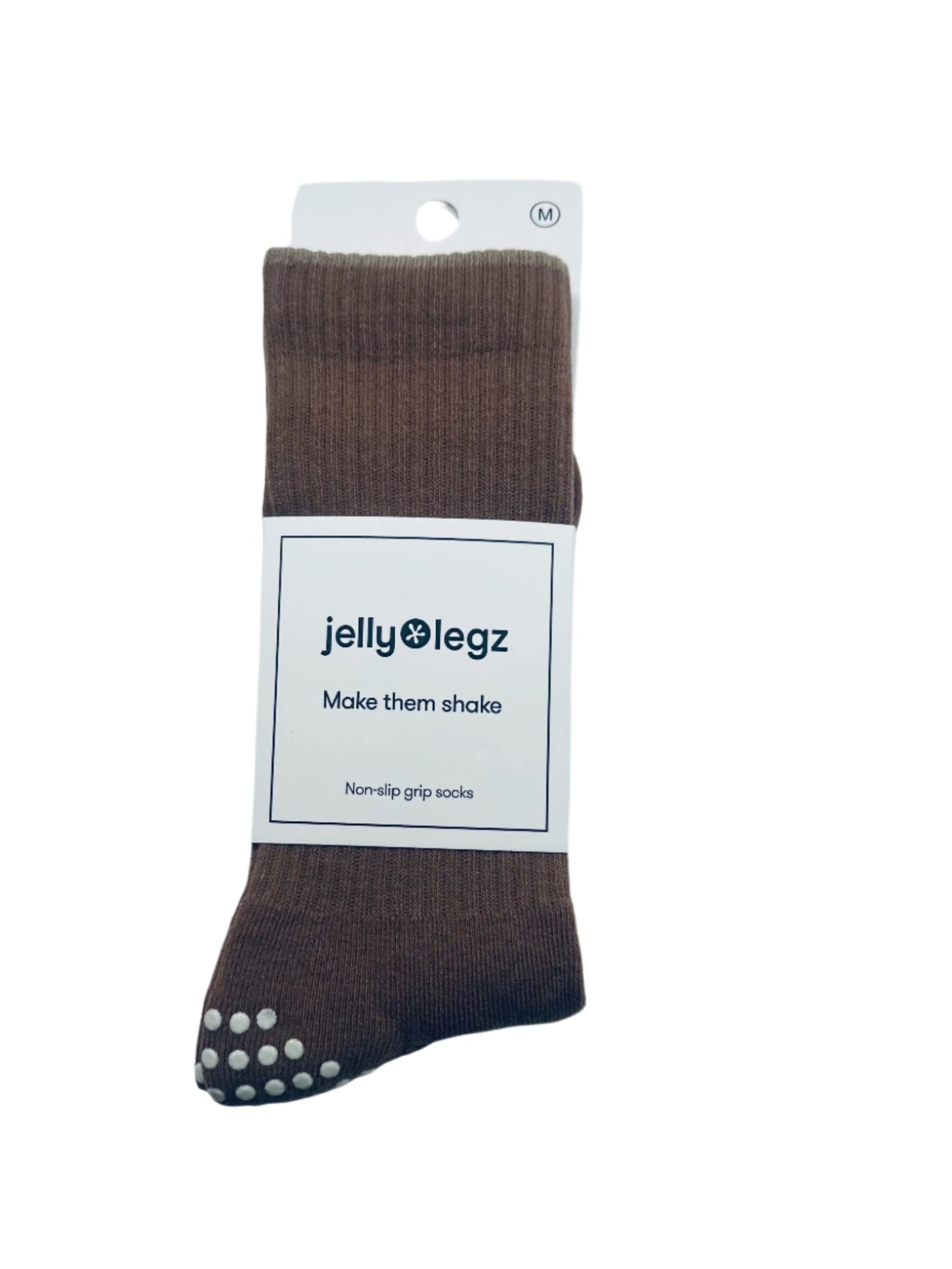 mocha brown pilates socks with white rim