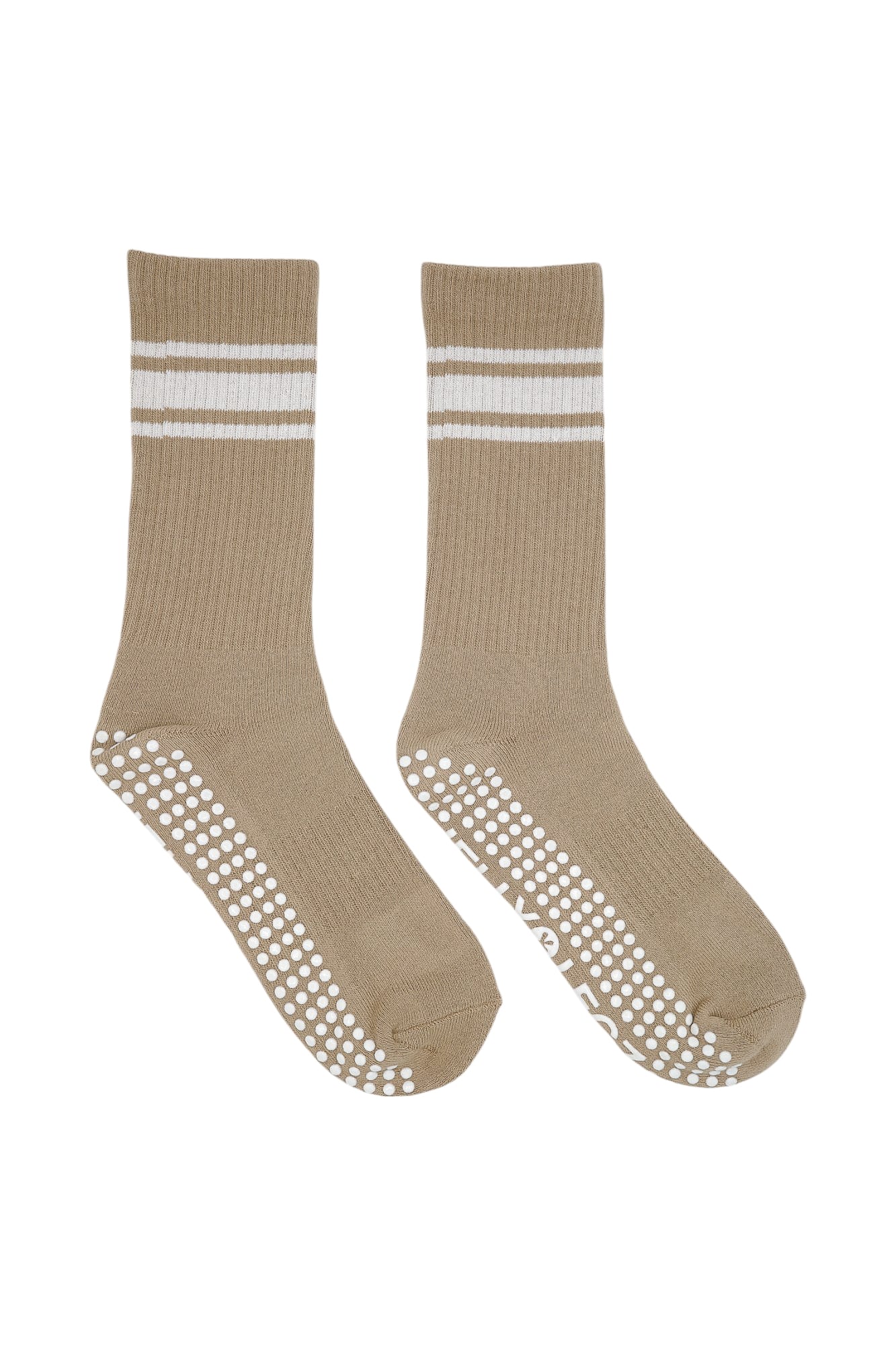 light beige with white stripe pilates luxury grip socks