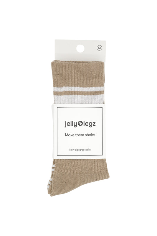 CARAMEL LATTE Beige & White 3 Stripe Pilates Crew Grip Socks (COFFEE COLLECTION)
