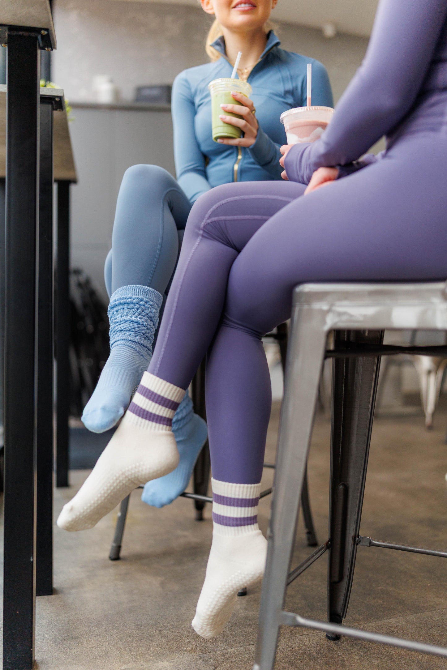 Sky Dancer and Plum whisper pilates luxury socks together