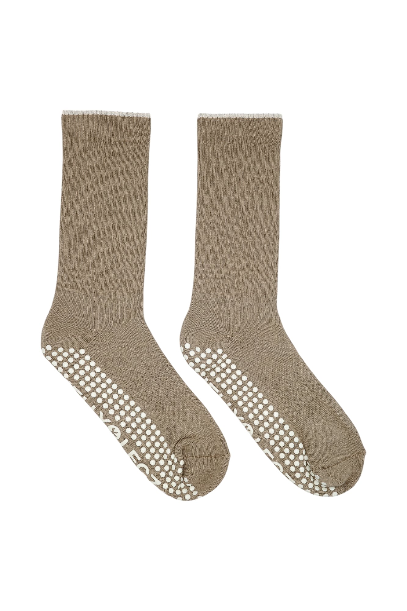 light brown beige luxury grip pilates socks with white rim