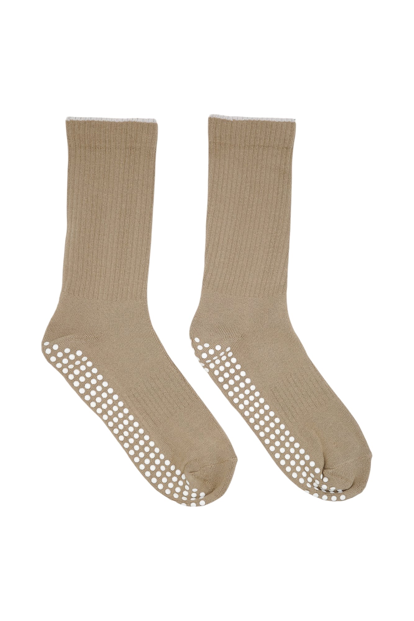 beige pilates socks with white rim