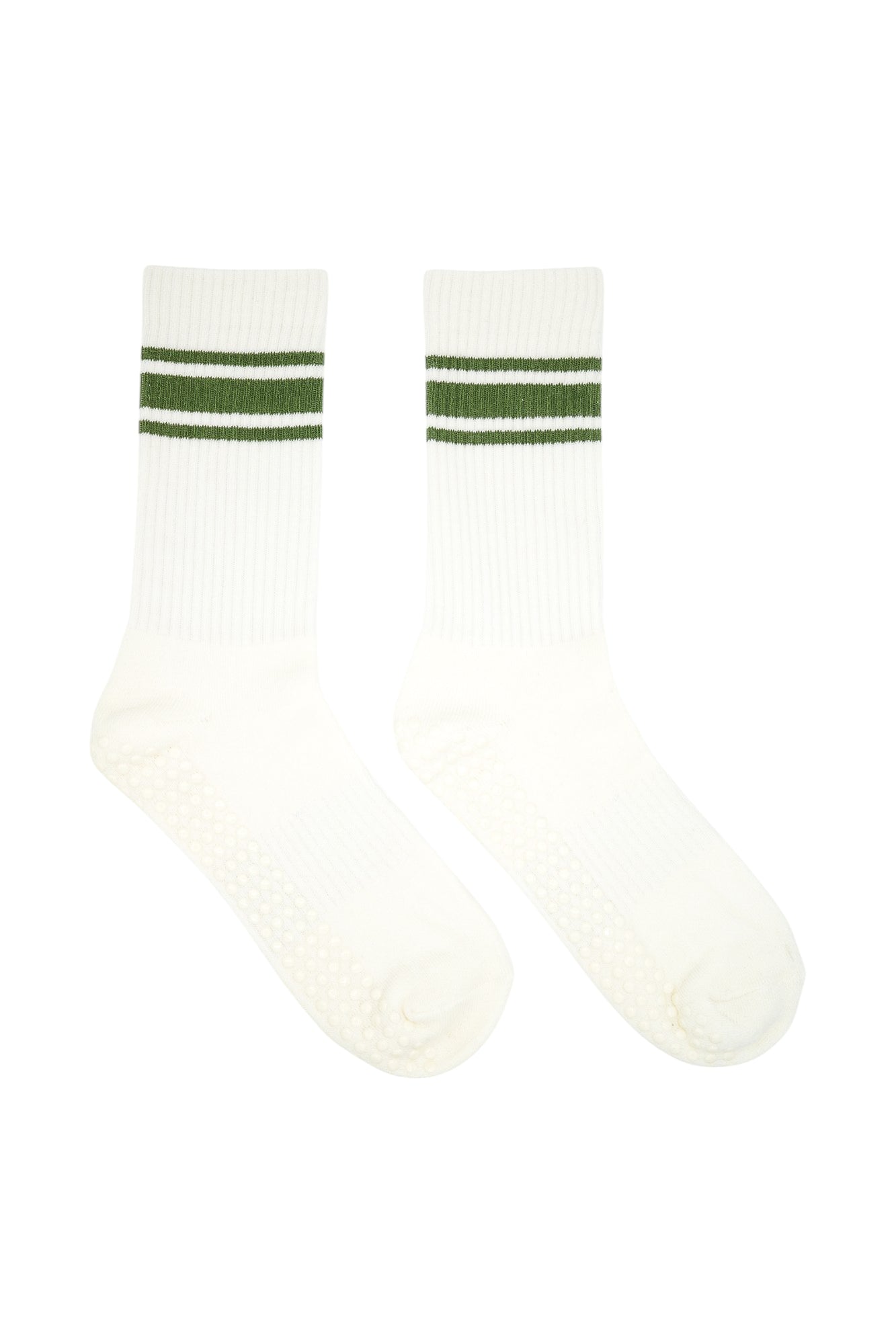 cream and green pilates socks with white rim