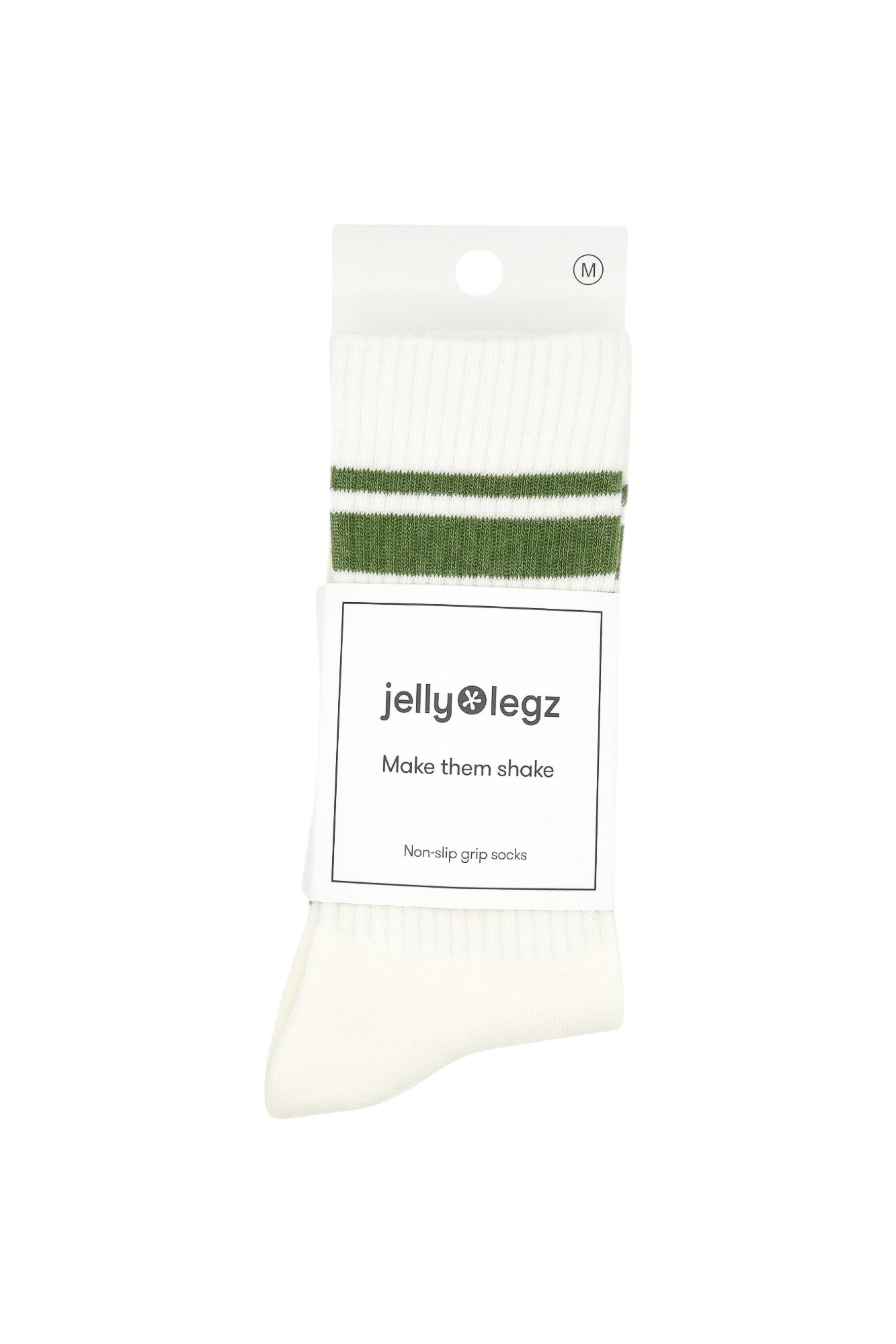 cream and green pilates socks with white rim