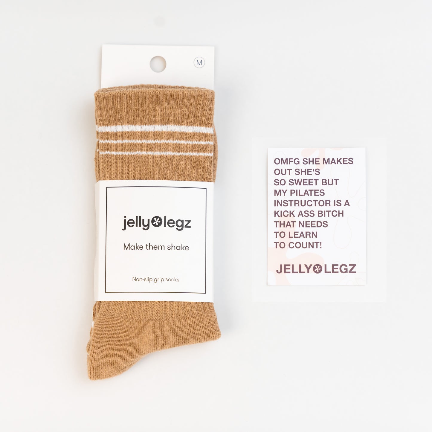 Caramel Latte & White 3 Stripe Pilates Crew Grip Socks (CORE EDITION)