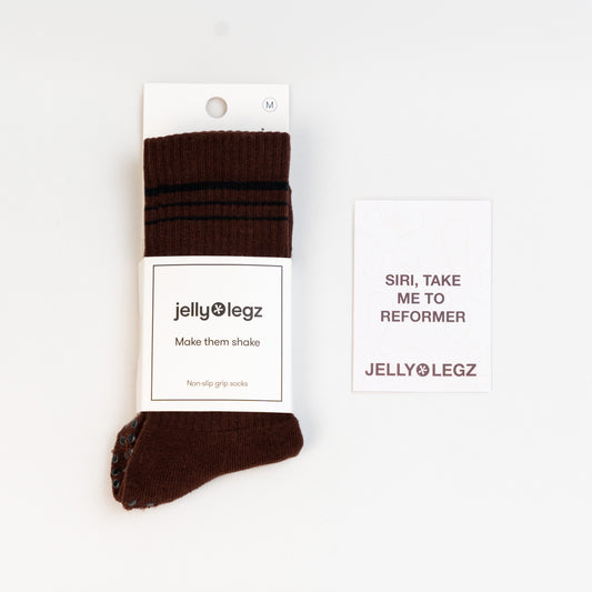 Espresso & Black Stripe Pilates Crew Grip Socks (limited Winter Edition)