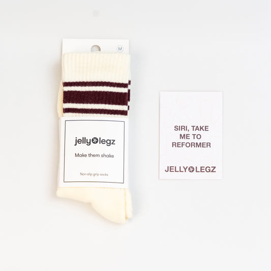 Cream & Burgundy Stripe Pilates Crew Grip Socks (limited Winter Edition)