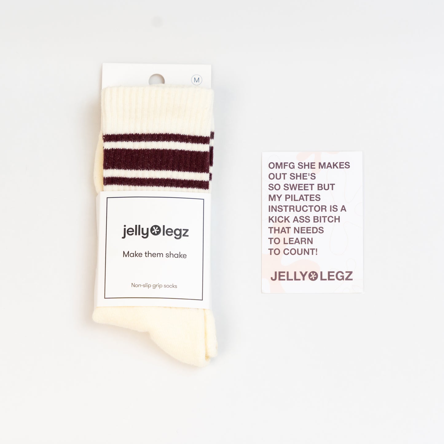 Cream & Burgundy Stripe Pilates Crew Grip Socks (limited Winter Edition)