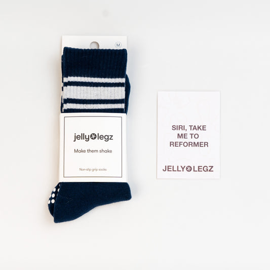 Midnight Blue & White Stripe Pilates Crew Grip Socks (limited Winter Edition)