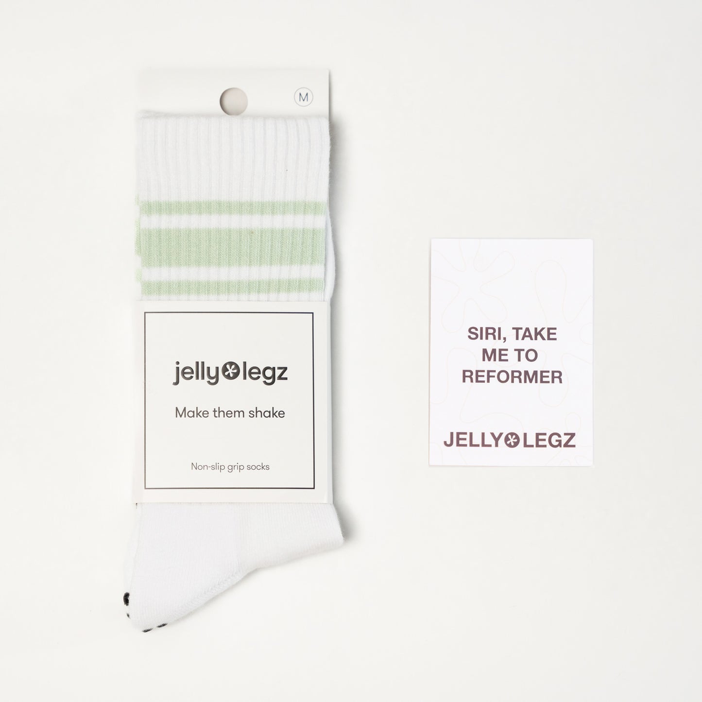 White & Sage Green3 Stripe Pilates Crew Socks (CORE EDITION)