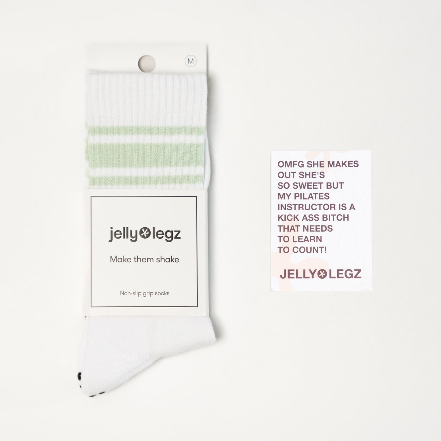 White & Sage Green3 Stripe Pilates Crew Socks (CORE EDITION)