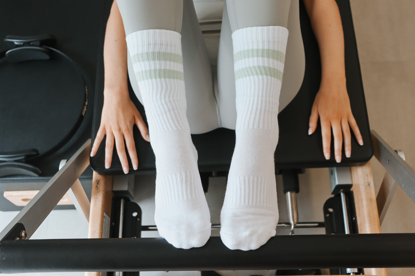 White & Sage Green3 Stripe Pilates Crew Socks (CORE EDITION)