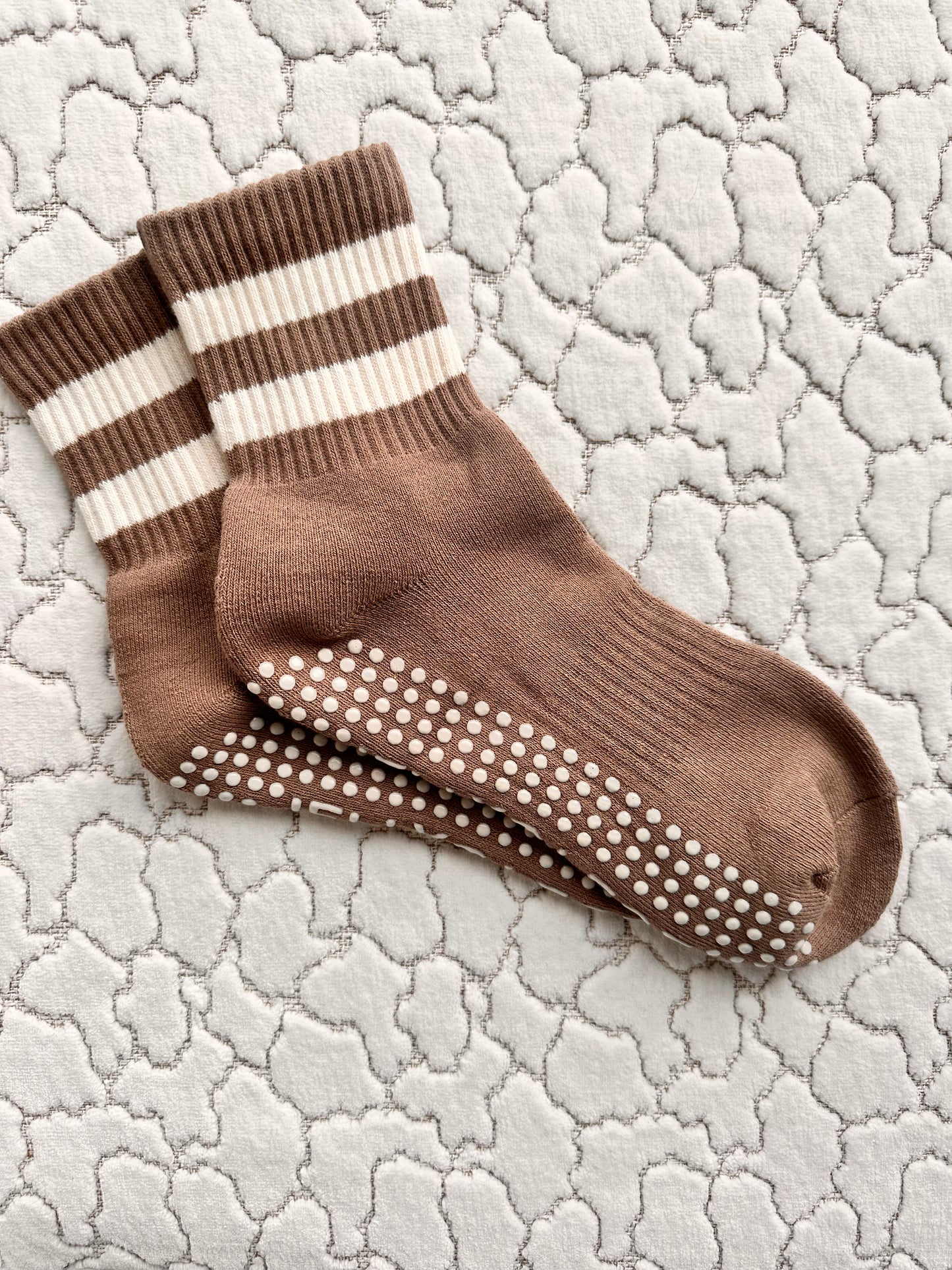 Gravel Dune Sand & Cream Pilates Grip Socks Midi Length