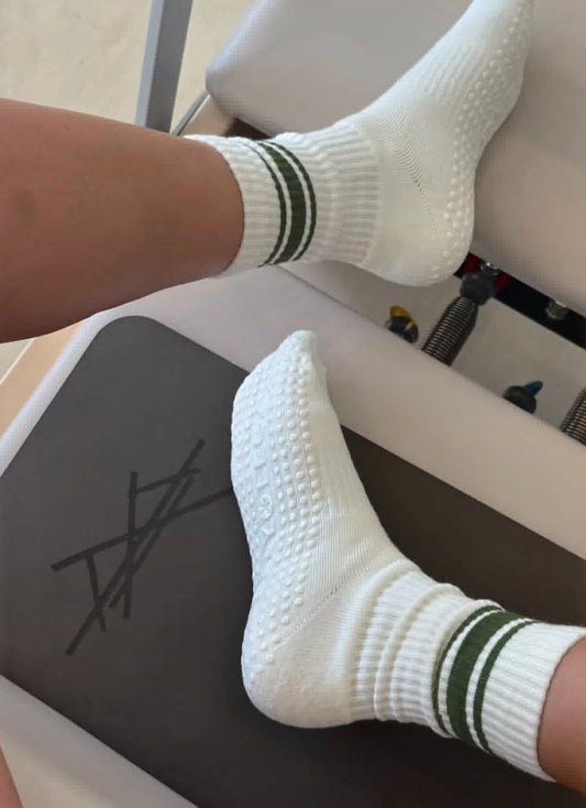 KHAKI Green & Cream 3 Stripe Luxury  Pilates Crew Grip Socks  (CORE COLLECTION