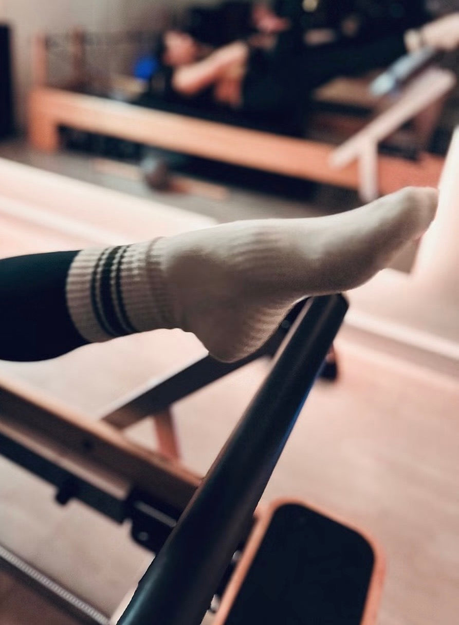 KHAKI Green & Cream 3 Stripe Luxury  Pilates Crew Grip Socks  (CORE COLLECTION