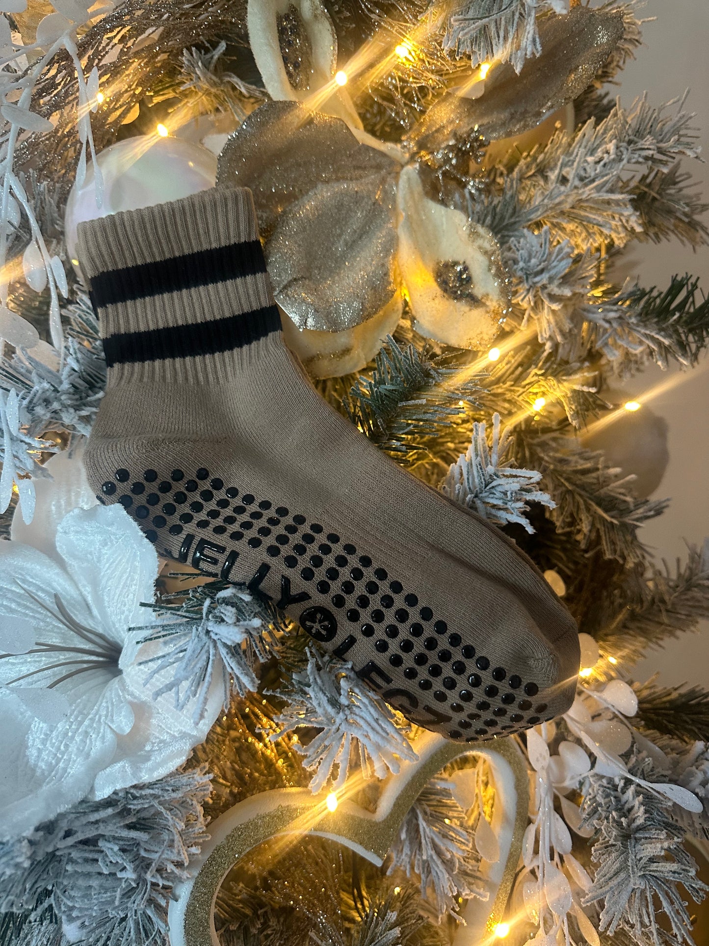 DUSTY DANCER Beige with Black 2 Stripe Midi Grip Pilates Socks