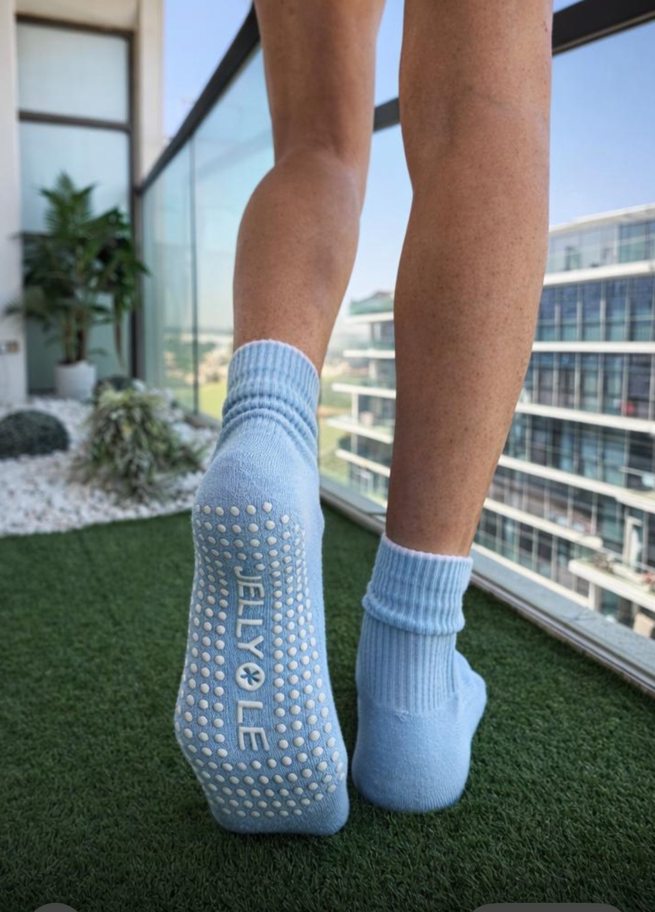 Pale Blue Midi Pilates Grip Socks CELESTINE with White Tip Crewe Socks