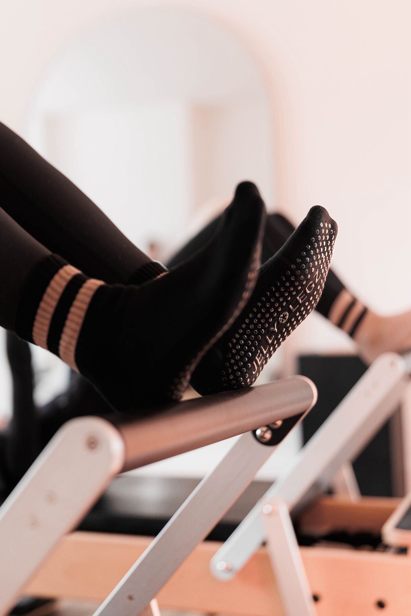 NOIR CACAO Black with Cacao 2 Stripe Midi Grip Pilates Socks