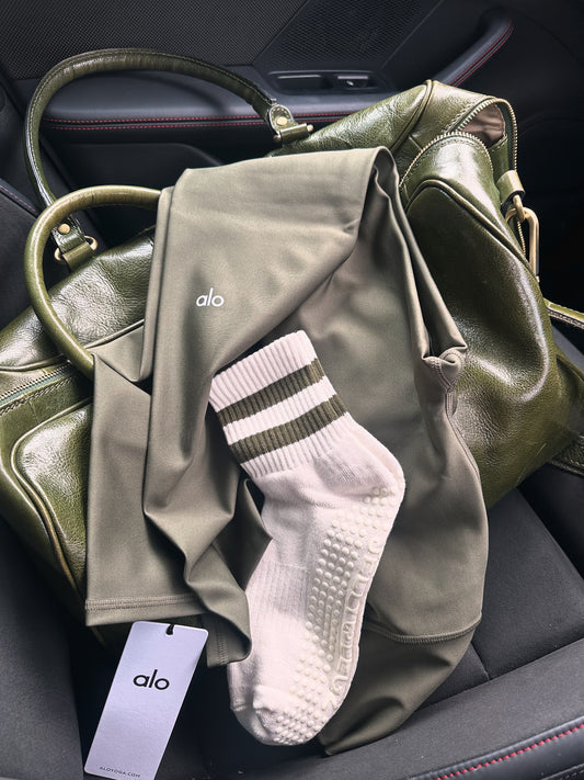 Olive Green with Cream Pilates Mini Grip Socks (MOVE WITH THE MOOD COLLECTION)
