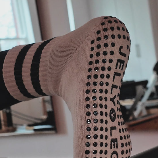 beige and black pilates socks with extra grippy luxury grips by jellylegz
