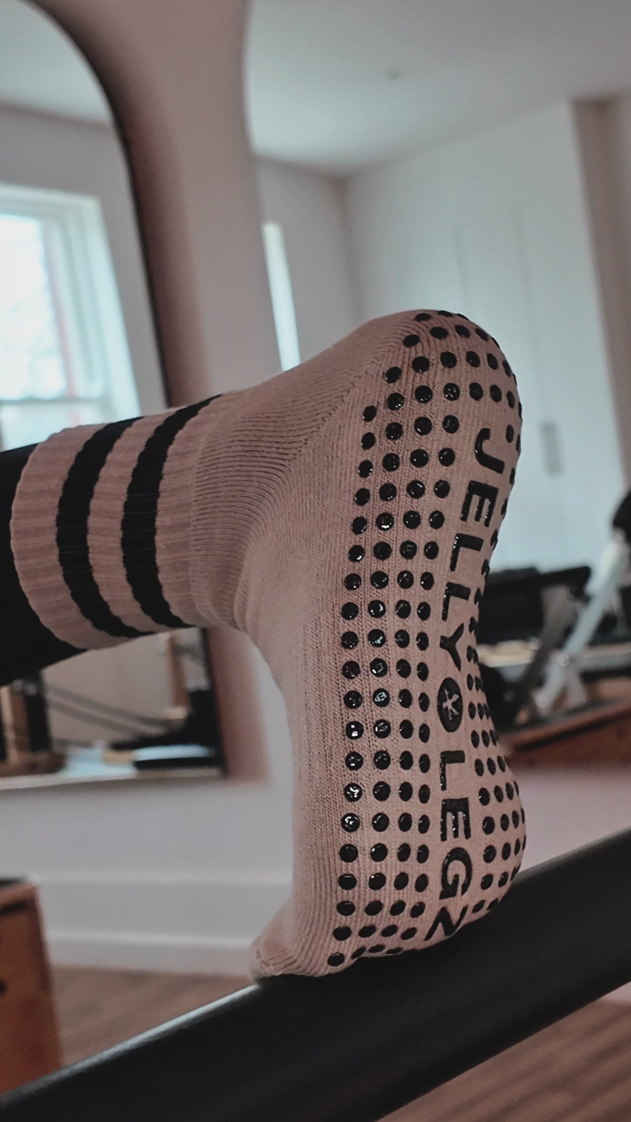 beige and black pilates socks with extra grippy luxury grips by jellylegz