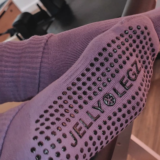 purple bliss crewe pilates grip socks by jellylegz