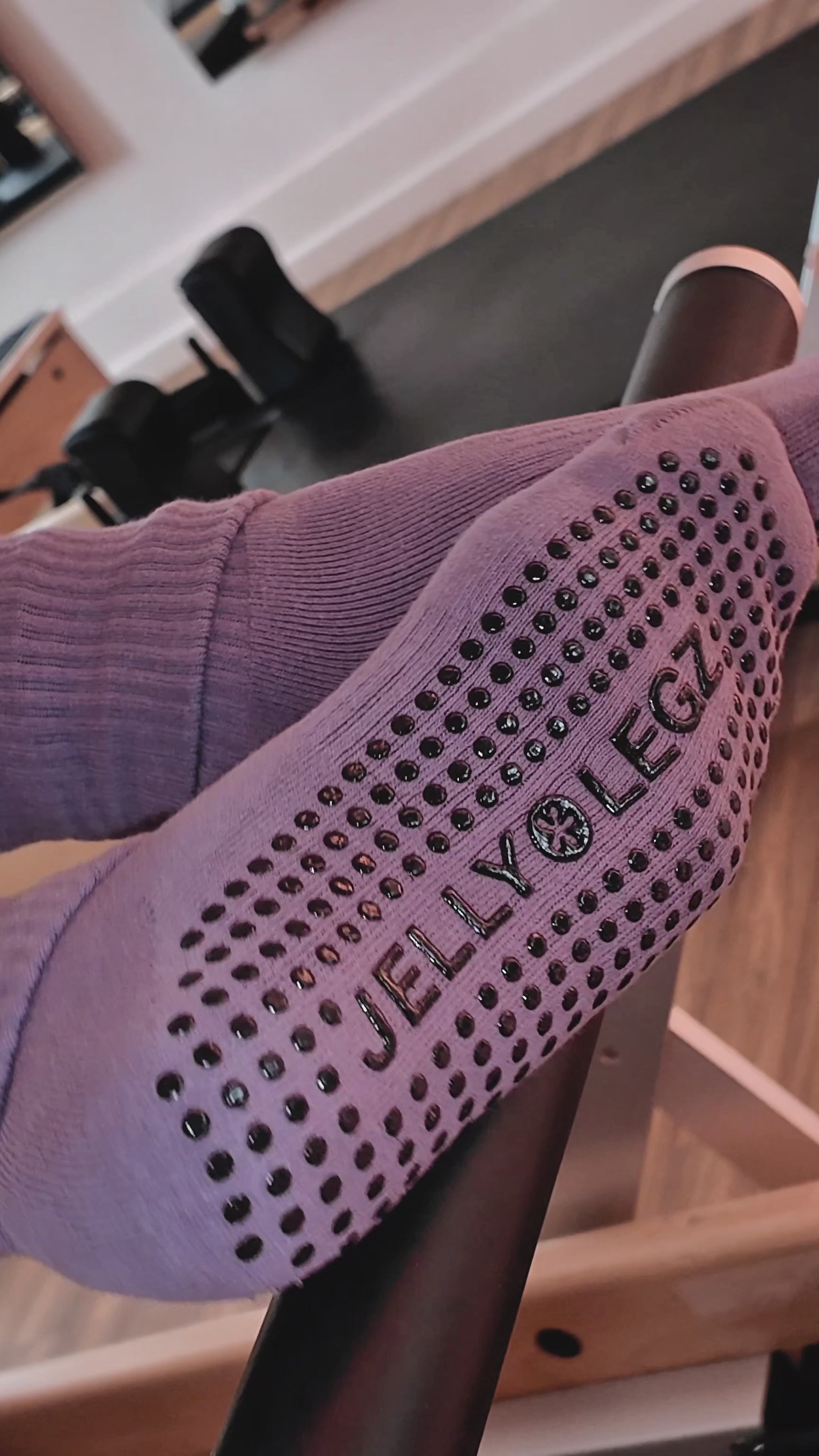 purple bliss crewe pilates grip socks by jellylegz